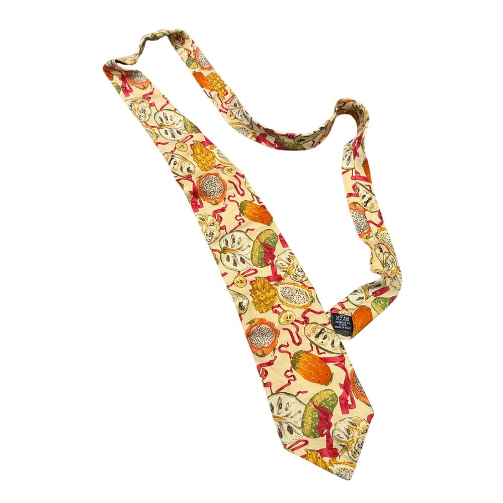 Yves Saint Laurent Necktie Mens OS Cream Silk Tropical Fruit Print Made In Italy